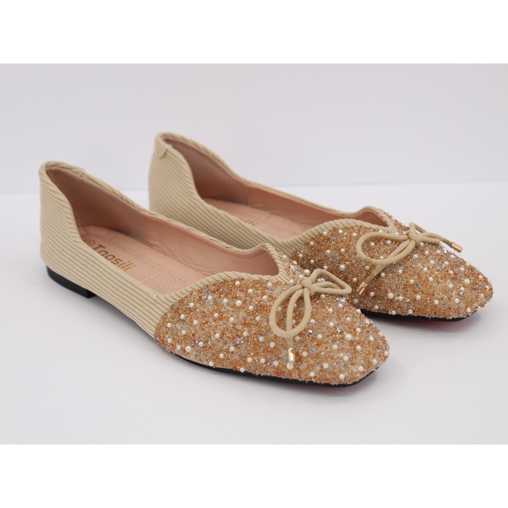 Pearl-Embellished Beige Square Toe Ballet Flats